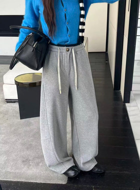 175高个子超长灰色弯刀裤女抽绳休闲加绒百搭宽松显瘦拖地香蕉裤