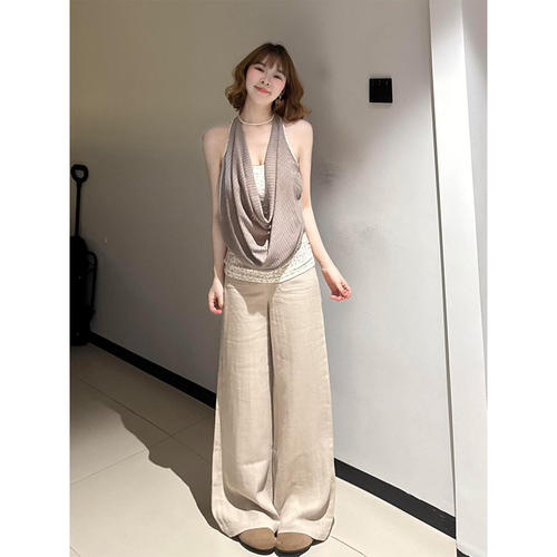 180高个子超长极简风杏色口袋设计休闲裤女夏新款百搭显瘦阔腿裤