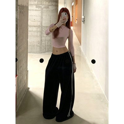 高个子加长藏青条纹运动休闲裤女