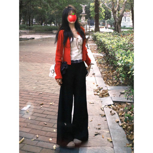 女春夏直筒显瘦垂感拖地裤 175高个子加长180美式 格纹拼接阔腿裤