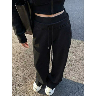 百搭拖地卫裤 高个子超长180黑色运动裤 女双腰抽绳显瘦直筒阔腿裤