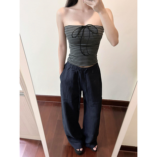 苎麻直筒阔腿抽绳裤 高个子加长180藏青色棉麻休闲裤 女亚麻春夏季