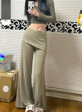 175高个子加长180赵露思同款灰色假两件微喇叭休闲裤女百搭阔腿裤