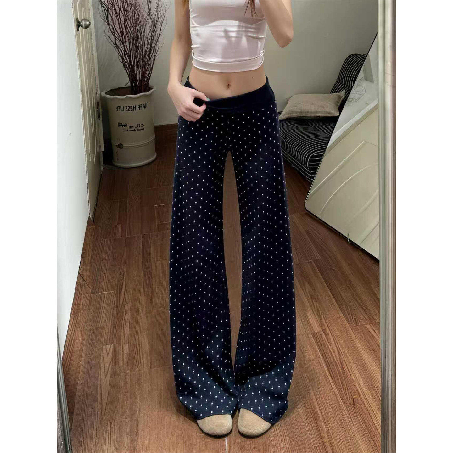 175高个子加长藏青波点微喇瑜伽裤女夏季弹力翻腰圆点垂感运动裤