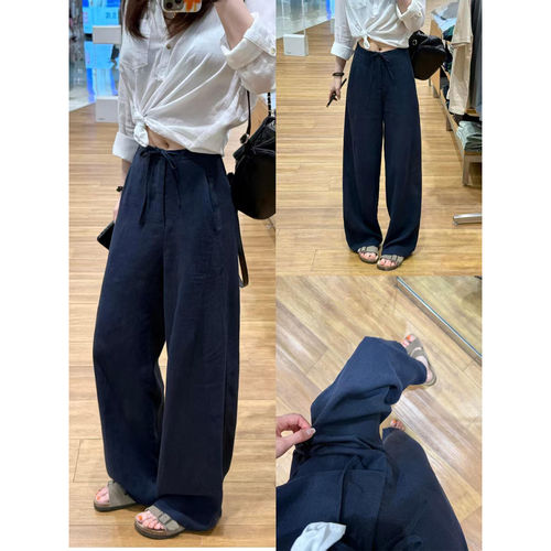 超长藏青色休闲阔腿裤女夏季