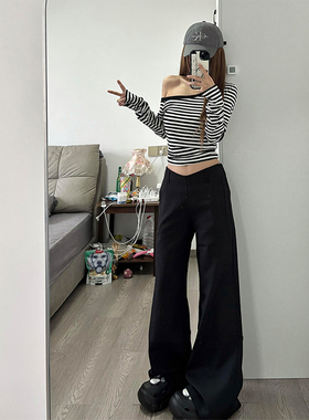 高个子加长黑色低腰西装裤女秋冬加绒设计V型宽松显瘦拖地喇叭裤