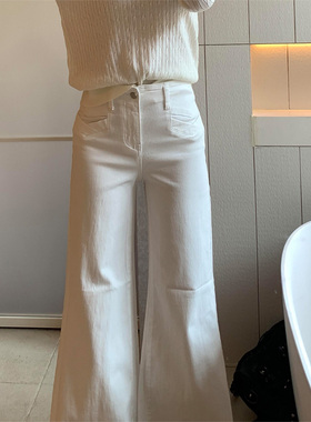 高个子加长美式高街米白色叠口袋微喇裤女春季百搭高腰显瘦牛仔裤