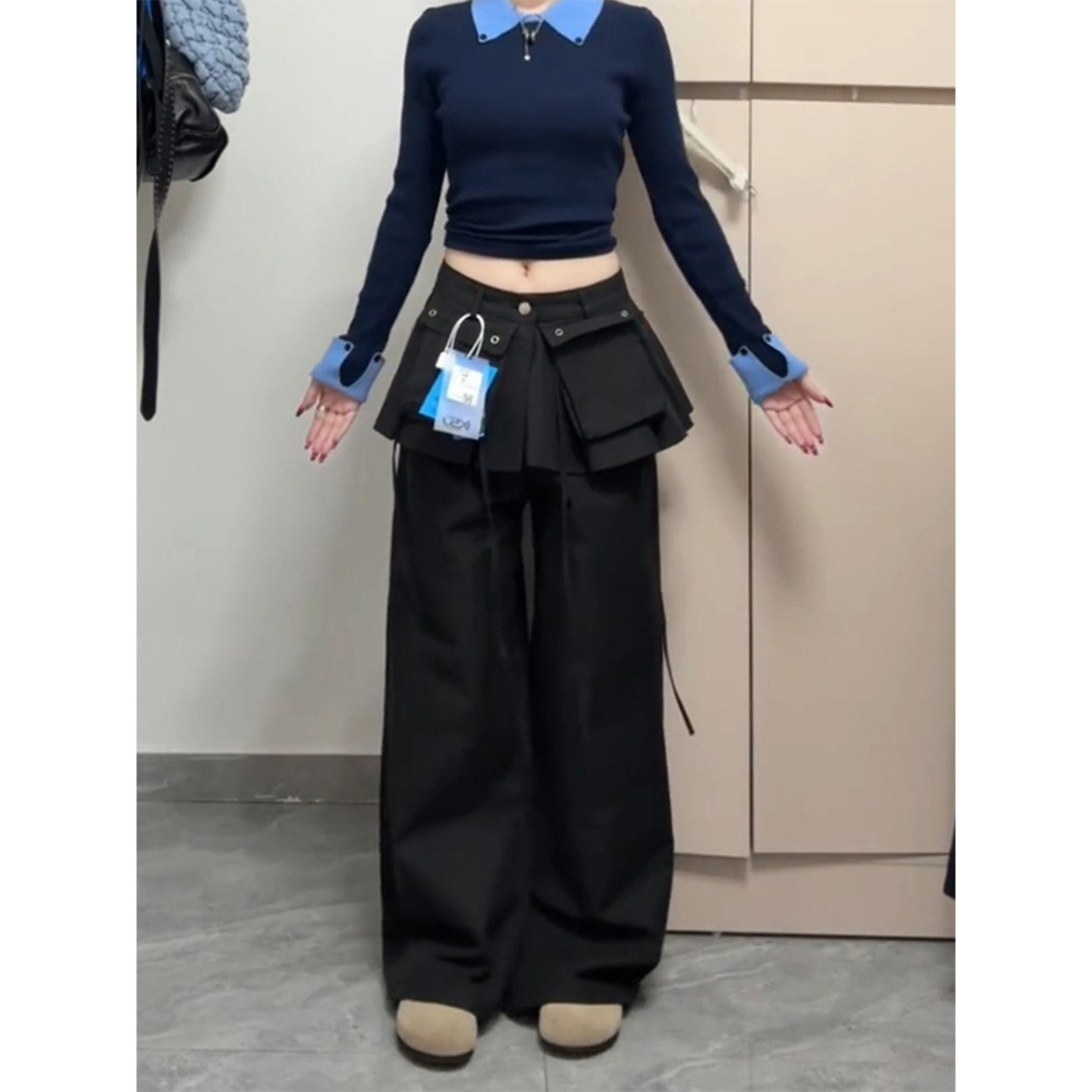 高个子黑色拼接设计口袋屁帘工装裤女春季新款百搭显瘦休闲阔腿裤,女装/女士精品,休闲裤,淘宝优惠券,粉丝福利购,淘宝优惠卷