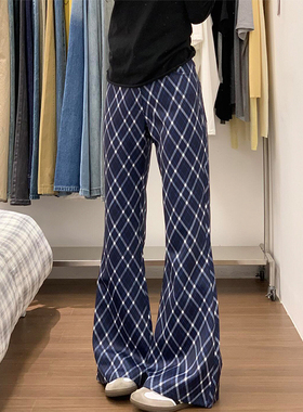 高个子加长慵懒蓝色格纹休闲裤女春夏新款百搭显瘦辣妹直筒微喇裤