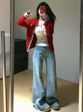 高个子加长浅蓝低腰辣妹微喇裤女2025春夏新款修身显瘦百搭牛仔裤