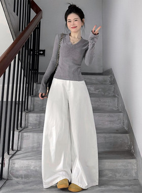 高个子加长美式高腰白色纹理阔腿裤女2026春季宽松显瘦拖地牛仔裤