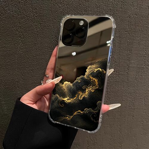 黑金能量适用于iPhone18promax镜面16e招财15Pro苹果14手机壳xsmax黑云纳财17pro简约13补妆7创意8plus情侣xr