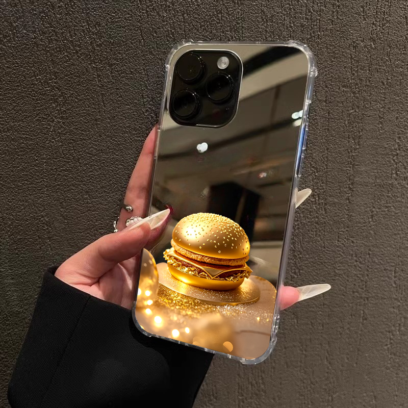 黄金汉堡招财进宝适用iPhone17promax镜面15promax情侣14Pro苹果16手机壳xsmax创意13简约12潮牌78plus补妆xr