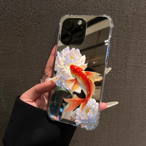 花朵金鱼锦鲤适用iPhone16promax手机壳华为p70红米k80新中式vivox90镜面opporeno7创意mate60小米15一加ace2