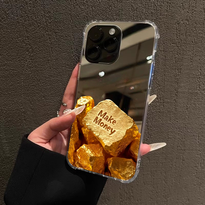 黄金石块适用iPhone17promax镜面15promax英文赚钱14Pro苹果16手机壳xsmax创意13简约12情侣78plus补妆xr金砖
