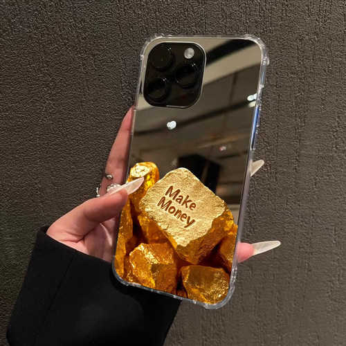 黄金石块适用iPhone17promax镜面15promax英文赚钱14Pro苹果16手机壳xsmax创意13简约12情侣78plus补妆xr金砖