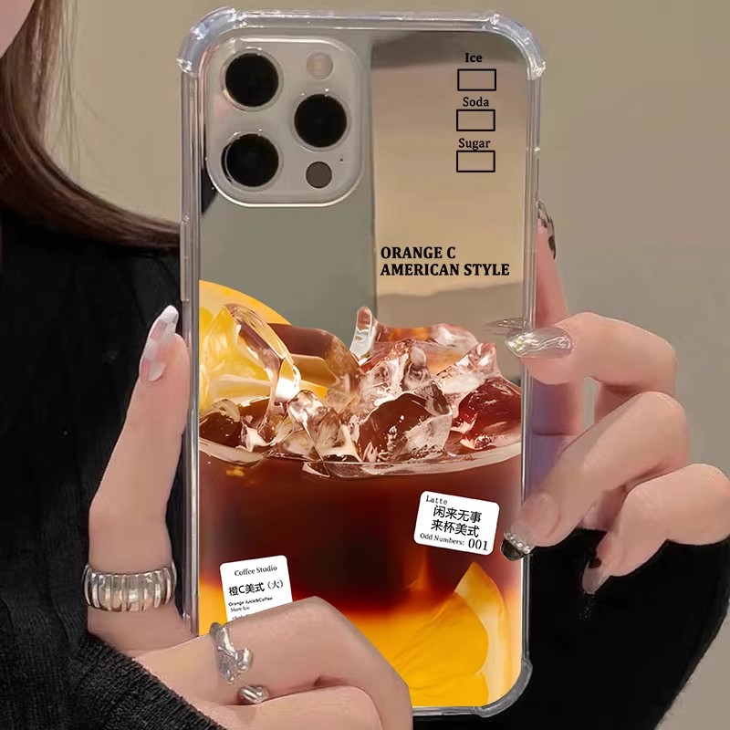 橙C冰美式适用iphone15华为pura70苹果13手机壳opporeno8镜面vivox90s红米note9高级感nova7情侣mate60一加9r