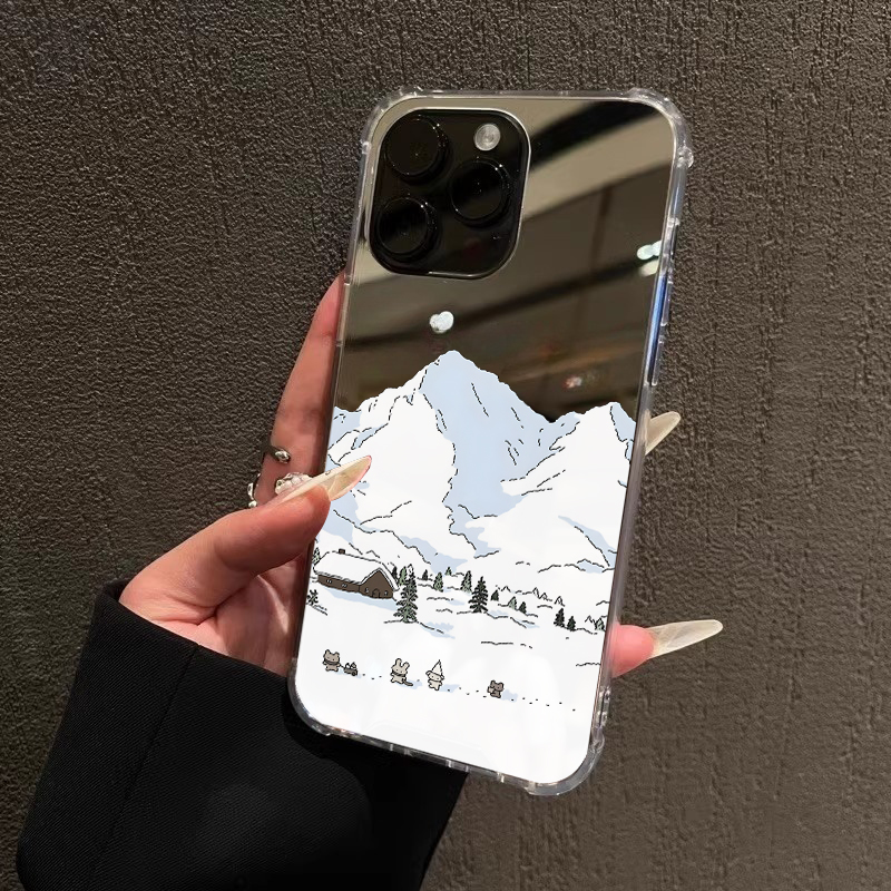 冬天雪山地适用iPhone16promax简约15promax动物朋友们14Pro苹果11手机壳xsmax创意13卡通12镜面16补妆7/8pxr