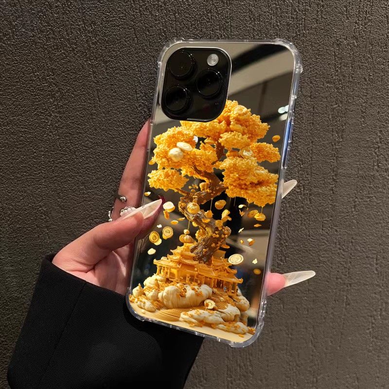 黄金万两摇钱树适用iPhone16promax新中式15promax情侣14Pro苹果11手机壳xsmax创意13简约12镜面xr补妆78plus