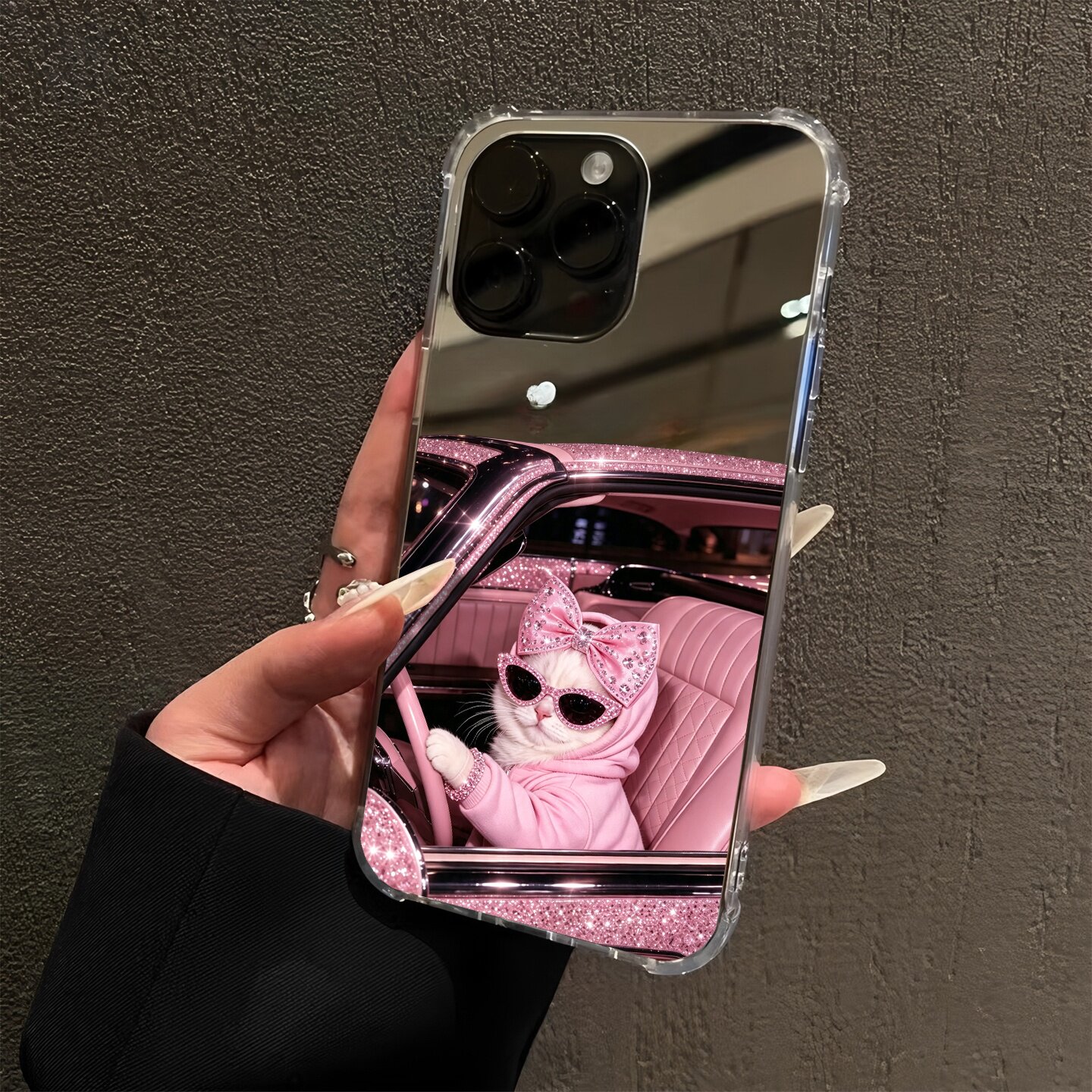 时尚富有小猫适用iPhone17promax镜面16e招财猫咪15Pro苹果14手机壳xsmax补妆12恶搞13奢华xr少女7/8plus镜子