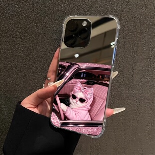 时尚富有小猫适用iPhone17promax镜面16e招财猫咪15Pro苹果14手机壳xsmax补妆12恶搞13奢华xr少女7/8plus镜子
