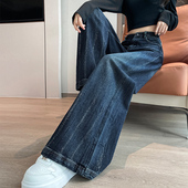 高腰显瘦宽松小个子拖地裤 烫钻阔腿牛仔裤 新款 秋冬季 子 女加绒长裤