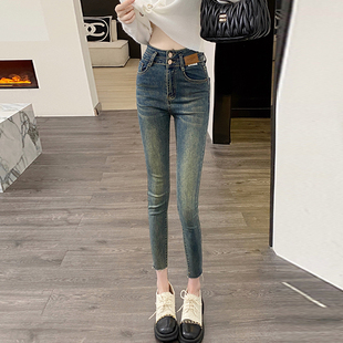 显瘦弹力毛边九分铅笔加绒裤 修身 子 女秋冬新款 高腰紧身小脚牛仔裤
