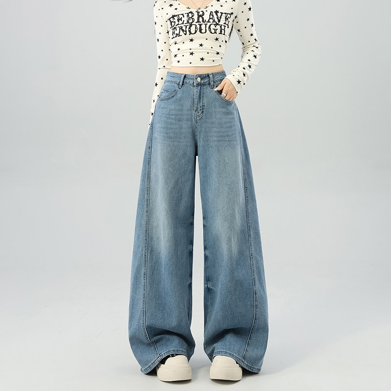 美式复古阔腿牛仔裤女2026年春秋季高腰宽松显瘦弹力拼接拖地长裤,女装/女士精品,牛仔裤,淘宝优惠券,粉丝福利购,淘宝优惠卷