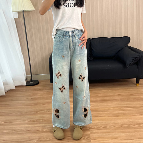 工烫钻阔腿牛仔裤女浅蓝九分