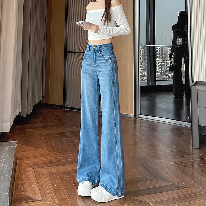 浅色微喇阔腿牛仔女高腰弹力显