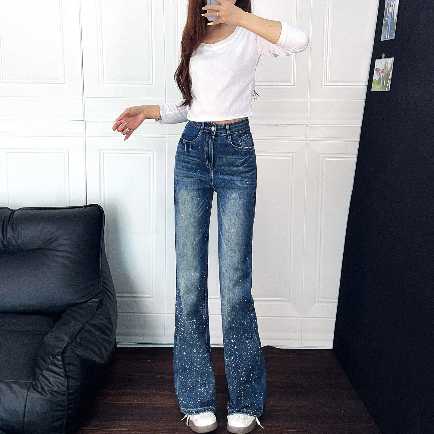 重工满天星烫钻微喇牛仔裤女长裤图片
