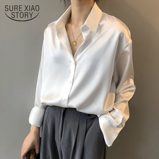Autumn Satin Silk Shirt Blouse Women White Long Sleeve Loose