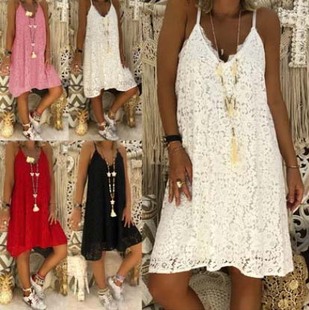 夏纯色无袖 女装 V领吊带蕾丝宽松连衣裙潮 爆款 欧美风时尚