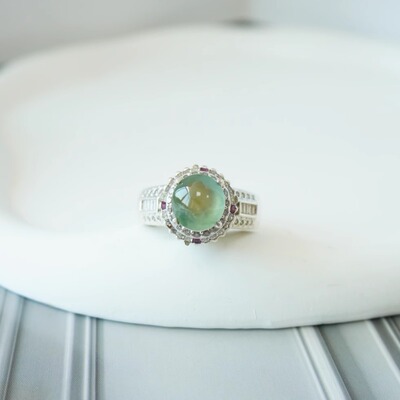 玻璃种缅料翡翠蛋面意境飘花天然A货镶嵌定制精美戒指【1635】