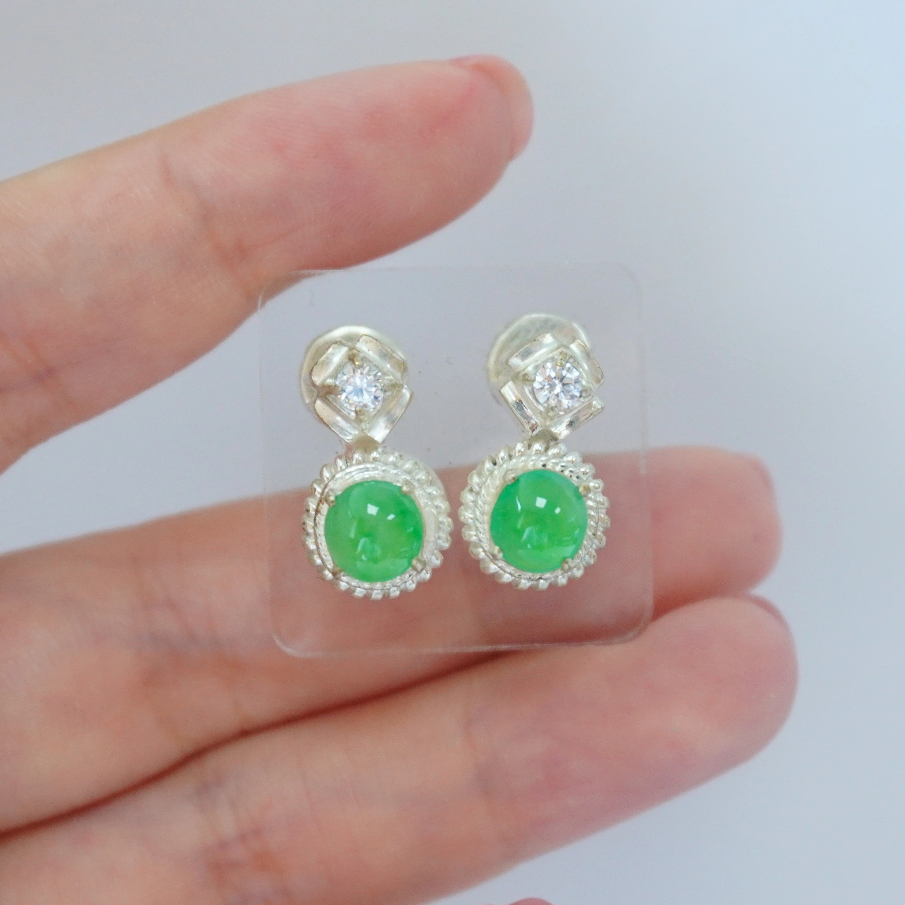 缅甸天然A货翡翠  冰透阳绿翡翠耳钉 翡翠戒面镶嵌  【1144】