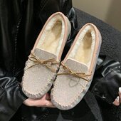 女鞋 大棉鞋 女冬新款 软底大码 加绒一脚蹬软底舒适蝴蝶结满钻豆豆鞋