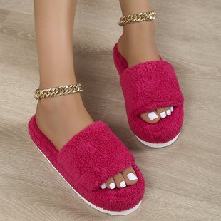毛毛拖鞋 新款 女外穿平底厚底一字拖外贸wish 2025秋季 欧美跨境大码