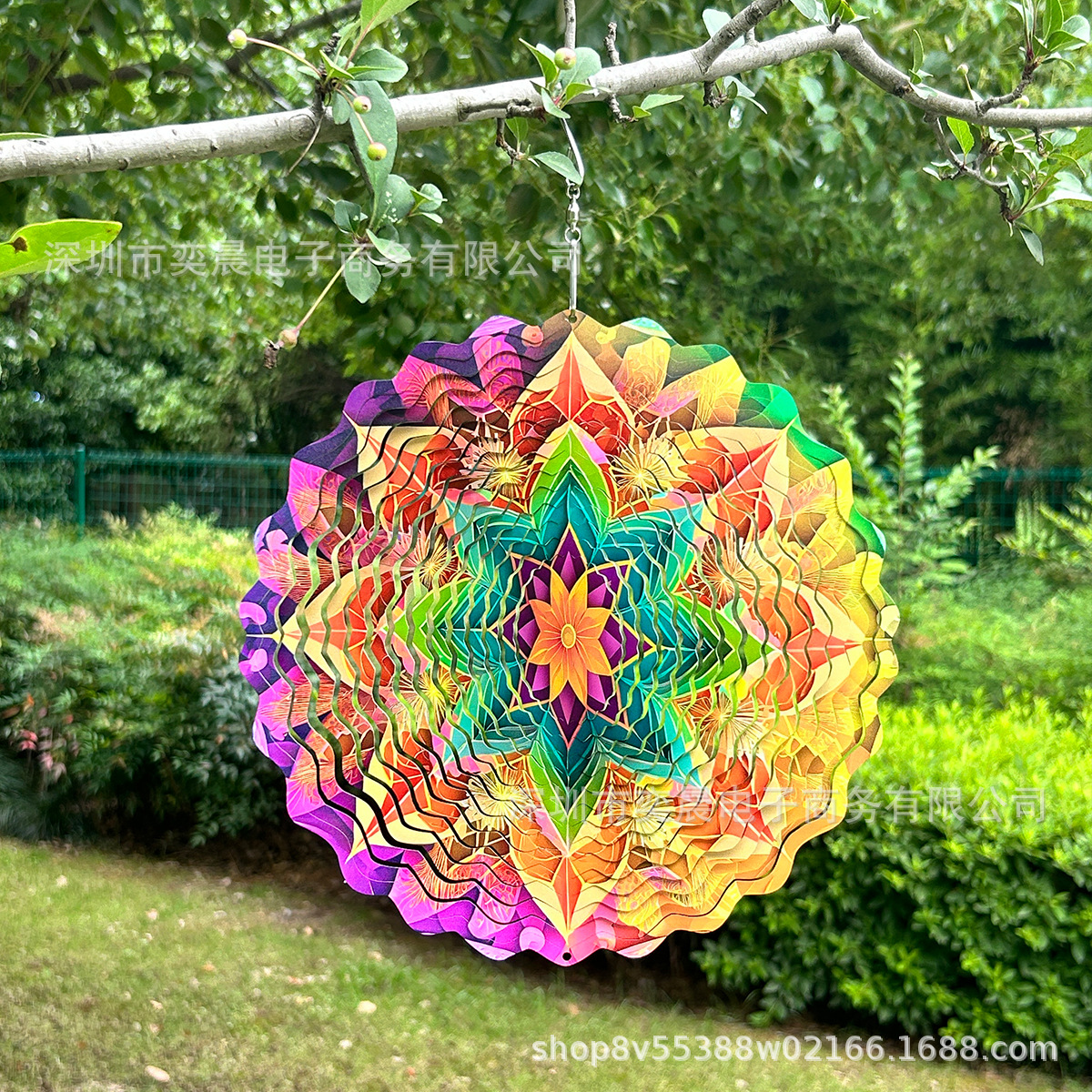 跨境爆款金属彩色曼陀罗风旋器3D动态旋转风铃装饰金属风车挂件