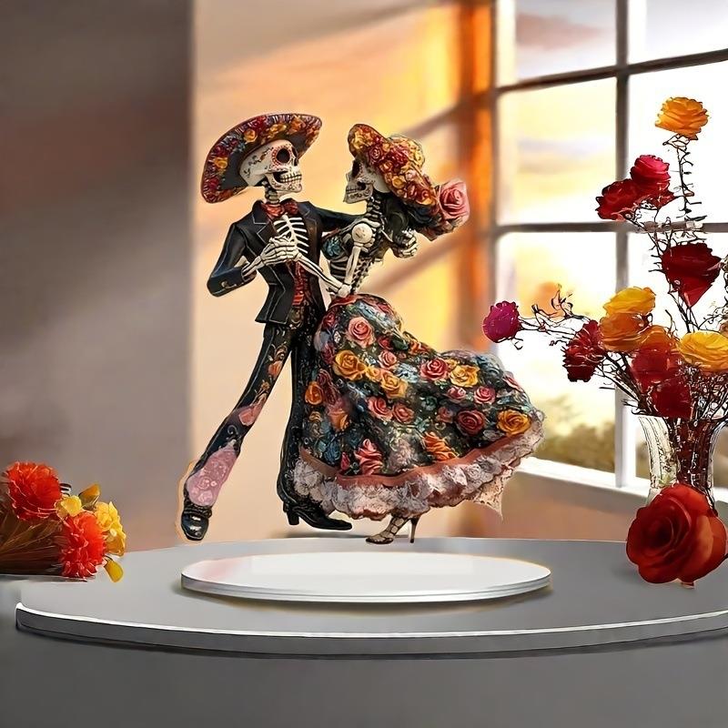 1pc骨骼舞蹈装饰品2D死亡节雕像带底座装饰品多功能摆件