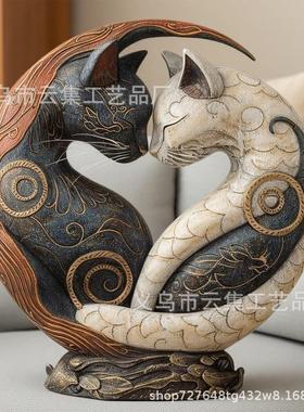 跨境Black and White Cat Yin Yang Art Desk Decor双猫树脂摆件