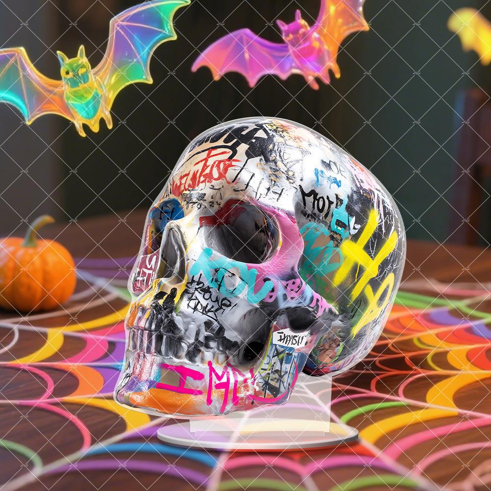 跨境新品万圣涂鸦骷髅头2D亚克力摆件家居派对玄关桌面装饰摆件