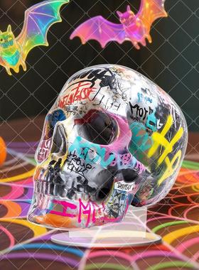 跨境新品万圣涂鸦骷髅头2D亚克力摆件家居派对玄关桌面装饰摆件