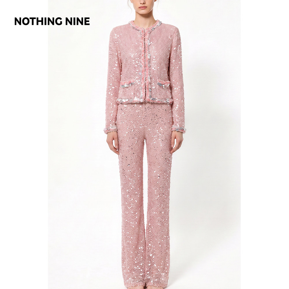 NOTHING NINE 桃晶栖岚重工亮片粗花呢套装外套/裤子