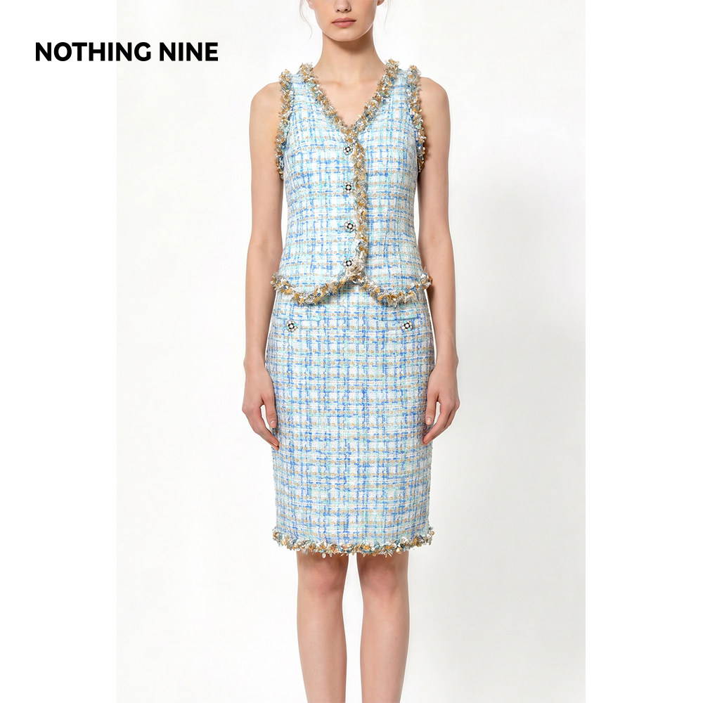 NOTHING NINE 琉光蓝格粗花呢套装上衣/半裙