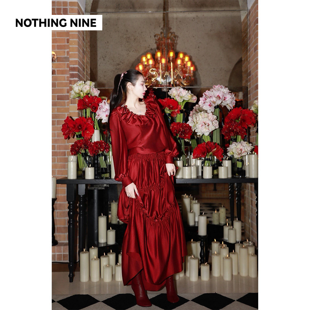 NOTHING NINE 静影流年重工丝光绸手工钉珠荷叶边连衣裙