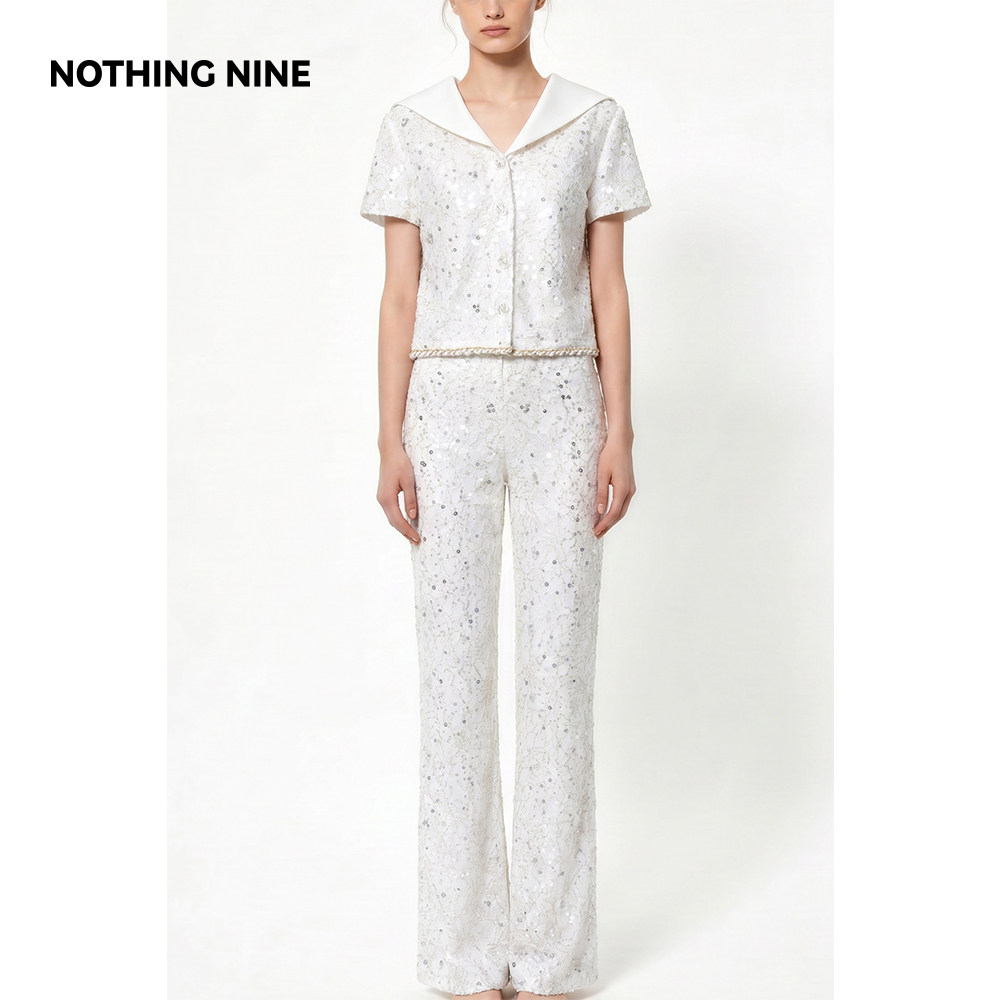 NOTHING NINE 月碎流银亮片套装水手领上衣