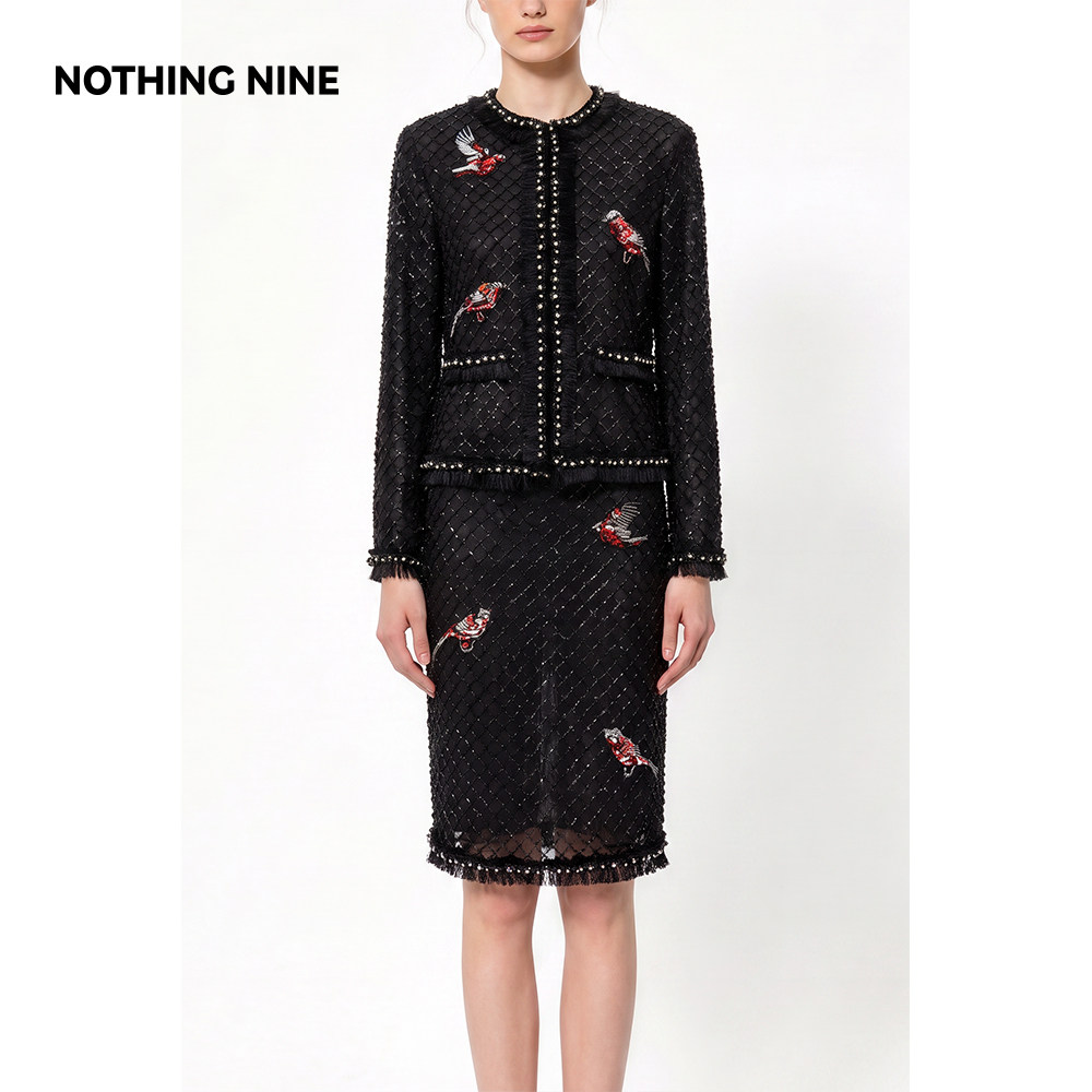 NOTHING NINE 柔晶雀絮重工钉钻亮片套装外套/半裙