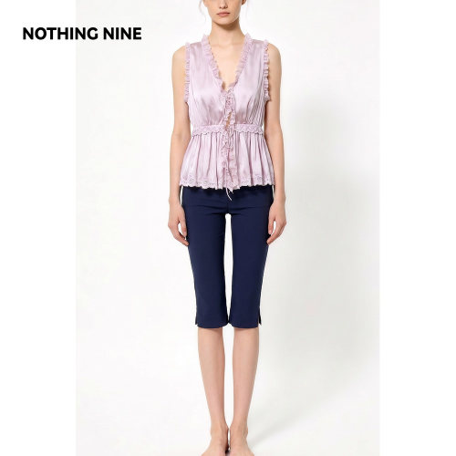 NOTHING NINE 紫雾眠月100%真丝拼接蕾丝上衣