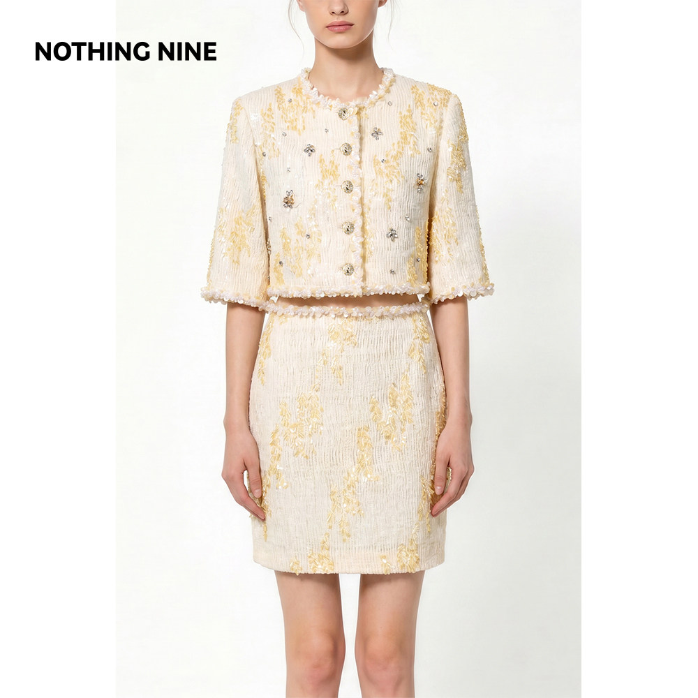 NOTHING NINE 柔纱鎏珠 粗花呢套装外套/半裙