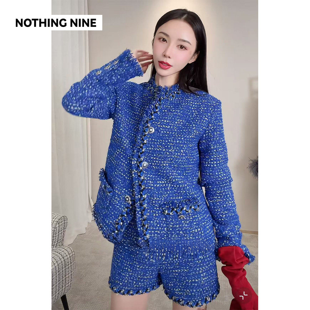 NOTHING NINE 湛蓝星絮手工编织金属扣粗花呢外套/短裤